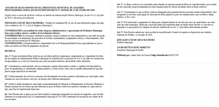 DECRETO N° 304/2018 -  FÉRIAS COLETIVAS.